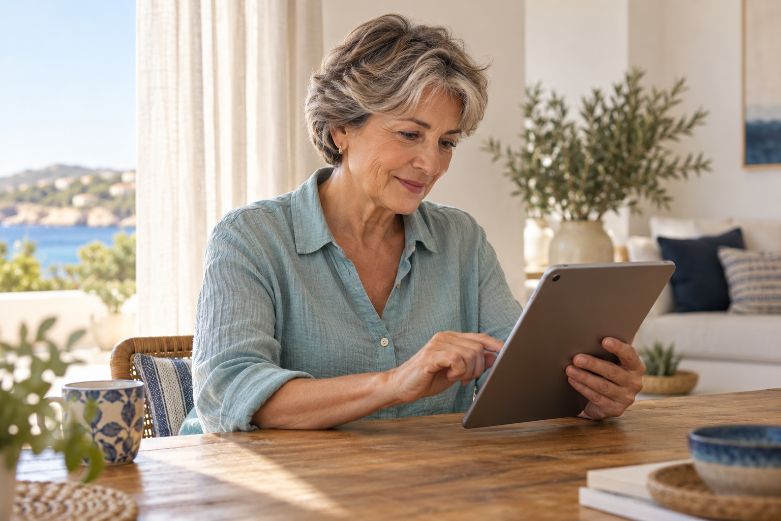 Escena ilustrativa de una mujer entrenando con una tablet en casa