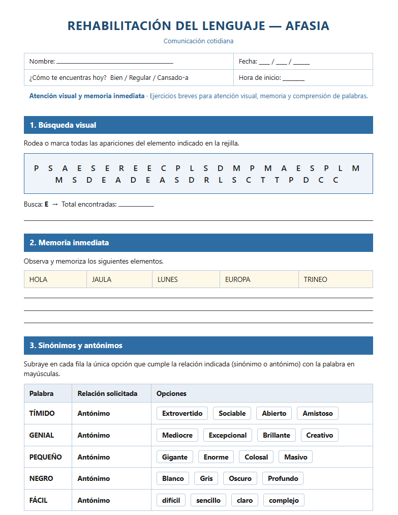 Captura de una ficha cognitiva generada con Reactiva+, en su vista imprimible