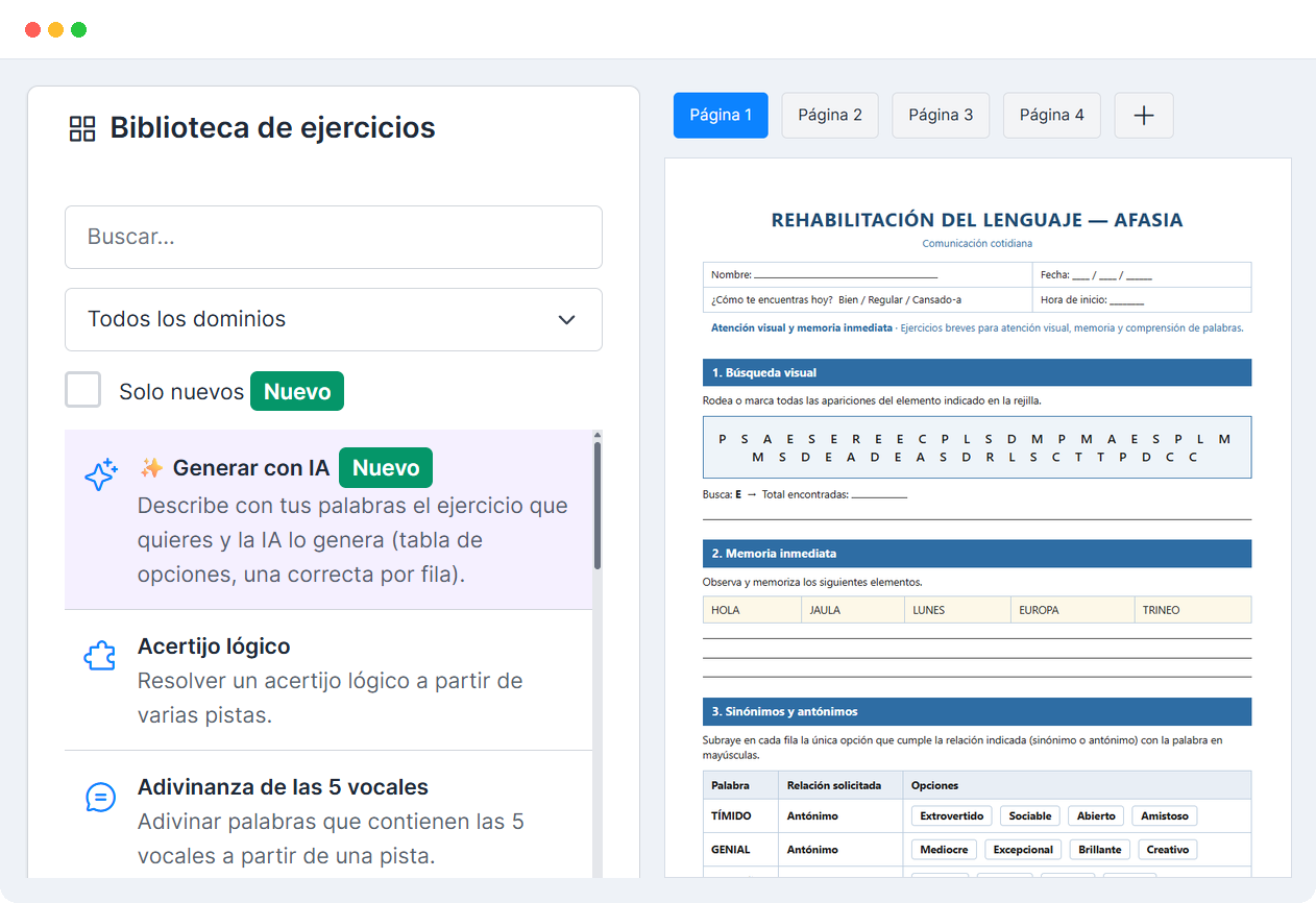 Captura del editor visual de fichas: biblioteca de ejercicios a la izquierda y la ficha en construcción a la derecha